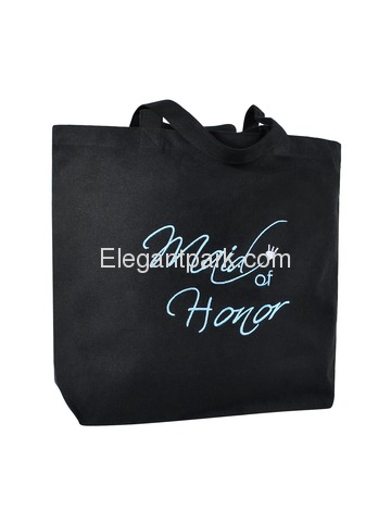 Maid of Honor Heavy Tote Bag Wedding Bridal Shower Gift Canvas 100% Cotton Black Aqua Embroidered