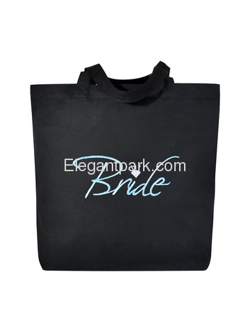 Bride Heavy Tote Bag Bridal Wedding Favor Gift Canvas 100% Cotton Black with Aqua Embroidered