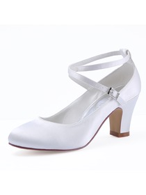 HC1808 Satin Closed Toe Chunky Heel Pumps Criss Corss Wedding Bridal Shoes