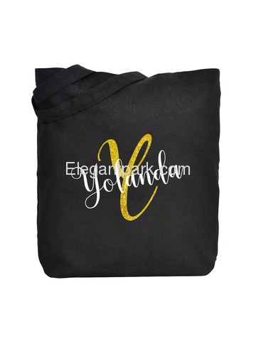 PERSONALIZED Initial Y Monogram Wedding Tote Bridal Party Gift Black Shoulder Bag 100% Cotton …