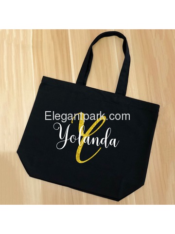 PERSONALIZED Initial Y Monogram Wedding Tote Bridal Party Gift Black Shoulder Bag 100% Cotton …