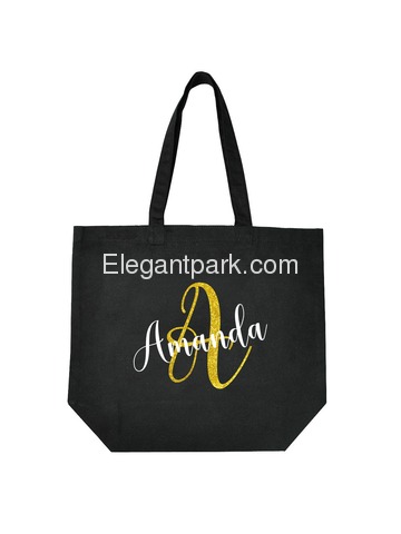 PERSONALIZED Initial A Monogram Wedding Tote Bridal Party Gift Black Shoulder Bag 100% Cotton …