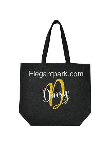 PERSONALIZED Initial D Monogram Wedding Tote Bridal Party Gift Black Shoulder Bag 100% Cotton …