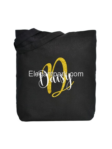 PERSONALIZED Initial D Monogram Wedding Tote Bridal Party Gift Black Shoulder Bag 100% Cotton …