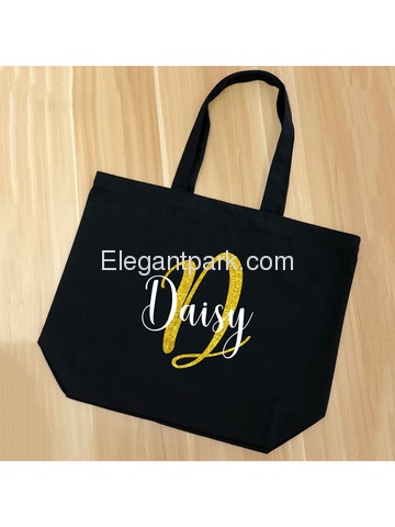 PERSONALIZED Initial D Monogram Wedding Tote Bridal Party Gift Black Shoulder Bag 100% Cotton …