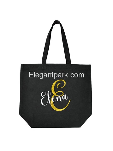 PERSONALIZED Initial E Monogram Wedding Tote Bridal Party Gift Black Shoulder Bag 100% Cotton …