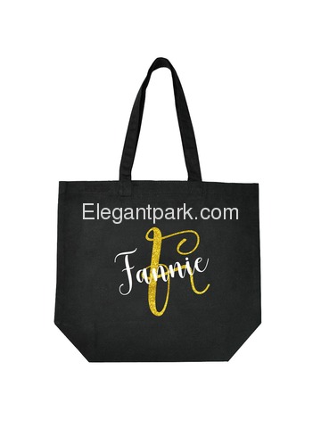 PERSONALIZED Initial F Monogram Wedding Tote Bridal Party Gift Black Shoulder Bag 100% Cotton …