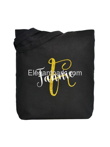 PERSONALIZED Initial F Monogram Wedding Tote Bridal Party Gift Black Shoulder Bag 100% Cotton …