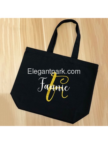 PERSONALIZED Initial F Monogram Wedding Tote Bridal Party Gift Black Shoulder Bag 100% Cotton …