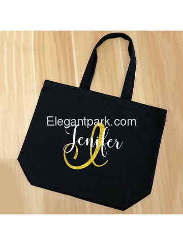 PERSONALIZED Initial J Monogram Wedding Tote Bridal Party Gift Black Shoulder Bag 100% Cotton …