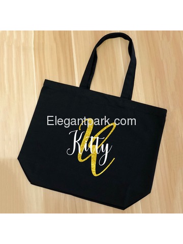 PERSONALIZED Initial K Monogram Wedding Tote Bridal Party Gift Black Shoulder Bag 100% Cotton …