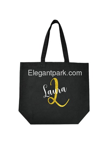 PERSONALIZED Initial L Monogram Wedding Tote Bridal Party Gift Black Shoulder Bag 100% Cotton …