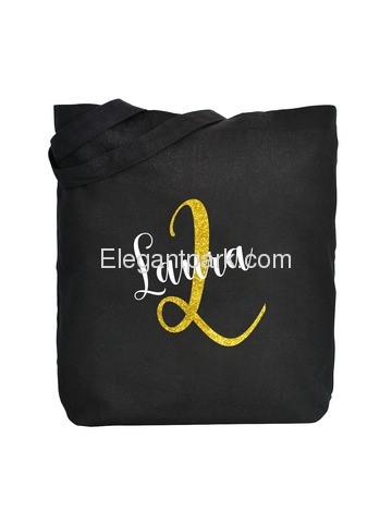 PERSONALIZED Initial L Monogram Wedding Tote Bridal Party Gift Black Shoulder Bag 100% Cotton …