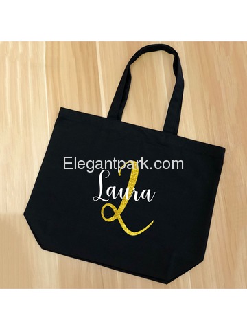 PERSONALIZED Initial L Monogram Wedding Tote Bridal Party Gift Black Shoulder Bag 100% Cotton …