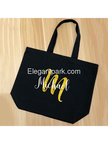 PERSONALIZED Initial M Monogram Wedding Tote Bridal Party Gift Black Shoulder Bag 100% Cotton …