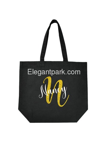 PERSONALIZED Initial N Monogram Wedding Tote Bridal Party Gift Black Shoulder Bag 100% Cotton …