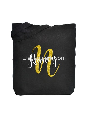PERSONALIZED Initial N Monogram Wedding Tote Bridal Party Gift Black Shoulder Bag 100% Cotton …