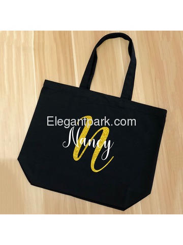 PERSONALIZED Initial N Monogram Wedding Tote Bridal Party Gift Black Shoulder Bag 100% Cotton …