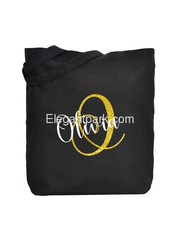 PERSONALIZED Initial O Monogram Wedding Tote Bridal Party Gift Black Shoulder Bag 100% Cotton …