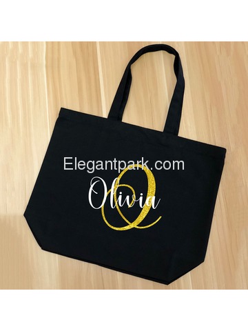 PERSONALIZED Initial O Monogram Wedding Tote Bridal Party Gift Black Shoulder Bag 100% Cotton …