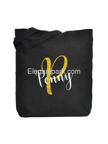 PERSONALIZED Initial P Monogram Wedding Tote Bridal Party Gift Black Shoulder Bag 100% Cotton …