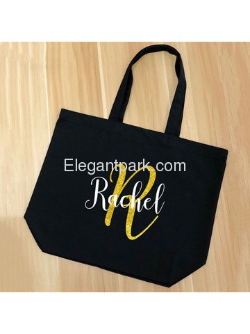 PERSONALIZED Initial R Monogram Wedding Tote Bridal Party Gift Black Shoulder Bag 100% Cotton …