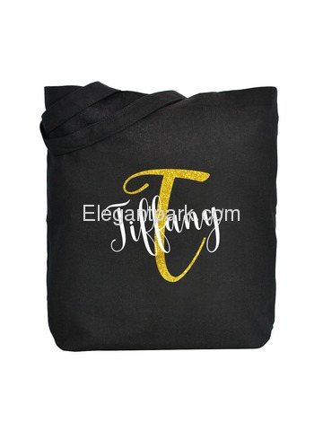 PERSONALIZED Initial T Monogram Wedding Tote Bridal Party Gift Black Shoulder Bag 100% Cotton …