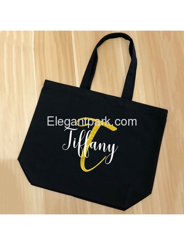 PERSONALIZED Initial T Monogram Wedding Tote Bridal Party Gift Black Shoulder Bag 100% Cotton …