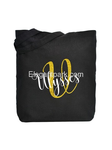 PERSONALIZED Initial U Monogram Wedding Tote Bridal Party Gift Black Shoulder Bag 100% Cotton …