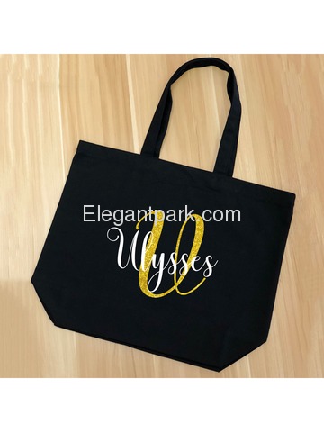 PERSONALIZED Initial U Monogram Wedding Tote Bridal Party Gift Black Shoulder Bag 100% Cotton …