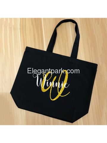 PERSONALIZED Initial W Monogram Wedding Tote Bridal Party Gift Black Shoulder Bag 100% Cotton …