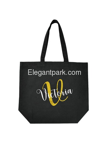 PERSONALIZED Initial V Monogram Wedding Tote Bridal Party Gift Black Shoulder Bag 100% Cotton …