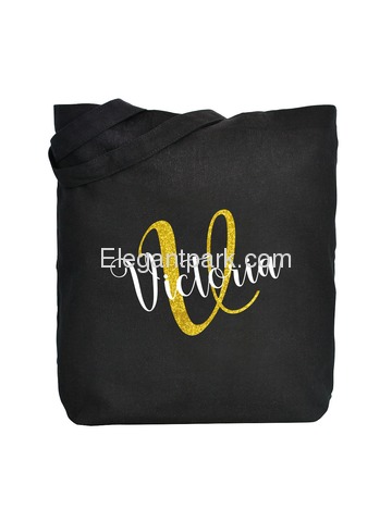 PERSONALIZED Initial V Monogram Wedding Tote Bridal Party Gift Black Shoulder Bag 100% Cotton …