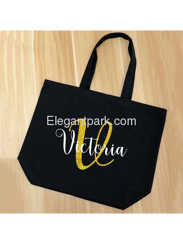 PERSONALIZED Initial V Monogram Wedding Tote Bridal Party Gift Black Shoulder Bag 100% Cotton …