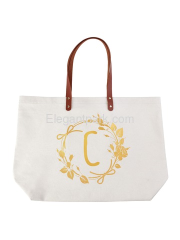 ElegantPark Eco-Friendly Wedding Shopping Grocery Tote Bag Interior Pocket 100% Cotton ,Letter C