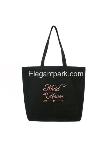 ElegantPark Maid of Honor Wedding Tote Bachelorette Gift Shoulder Bag Black with Pink Embroidered 10