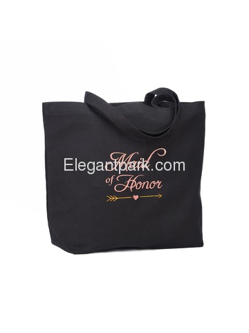 ElegantPark Maid of Honor Wedding Tote Bachelorette Gift Shoulder Bag Black with Pink Embroidered 10