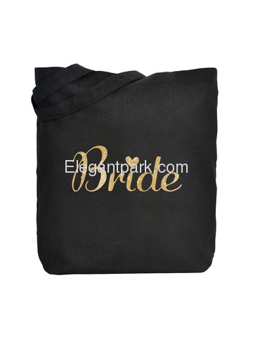 ElegantPark Bride Tote Bag for Wedding Bridal Shower Gifts 100% Cotton Black with Gold Glitter