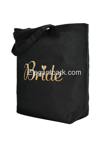 ElegantPark Bride Tote Bag for Wedding Bridal Shower Gifts 100% Cotton Black with Gold Glitter