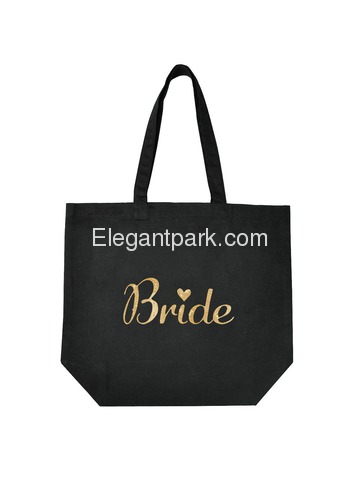 ElegantPark Bride Tote Bag for Wedding Bridal Shower Gifts 100% Cotton Black with Gold Glitter