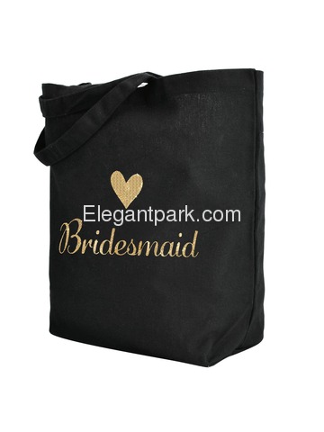 ElegantPark Bridesmaid Tote Bag for Wedding Favor Bachelorette Gifts 100% Cotton Black with Gold Gli