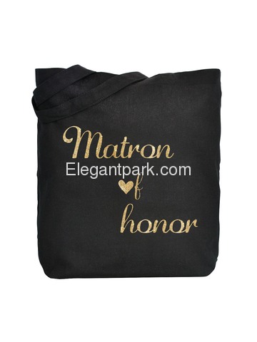 ElegantPark Matron of Honor Tote Wedding Gifts Bridal Shower Bag 100% Cotton Black with Gold Glitter