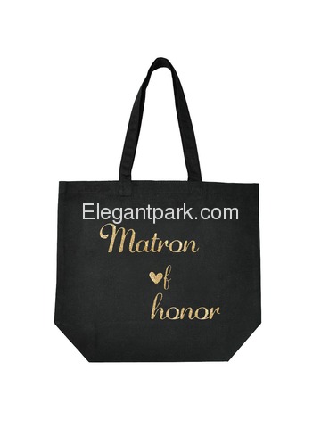 ElegantPark Matron of Honor Tote Wedding Gifts Bridal Shower Bag 100% Cotton Black with Gold Glitter