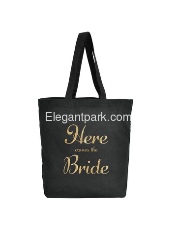 ElegantPark Here Comes the Bride Tote Wedding Favors Bridal Shower Gift Bag 100% Cotton Black with G