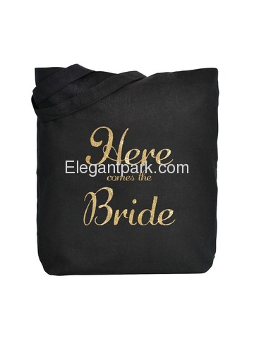 ElegantPark Here Comes the Bride Tote Wedding Favors Bridal Shower Gift Bag 100% Cotton Black with G