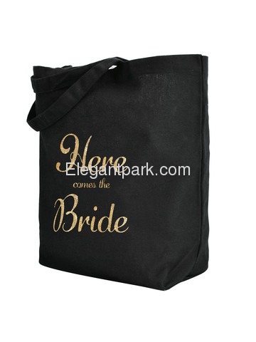 ElegantPark Here Comes the Bride Tote Wedding Favors Bridal Shower Gift Bag 100% Cotton Black with G