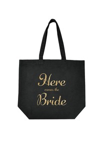 ElegantPark Here Comes the Bride Tote Wedding Favors Bridal Shower Gift Bag 100% Cotton Black with G