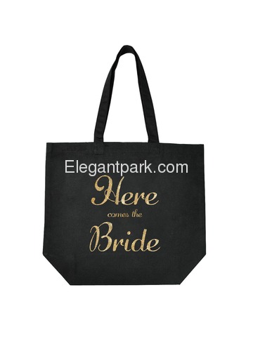 ElegantPark Here Comes the Bride Tote Wedding Favors Bridal Shower Gift Bag 100% Cotton Black with G