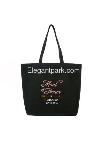 PERSONALIZED Pink Embroidered Maid of Honor Tote Wedding Bachelorette Party Gift Monogram Black Shou