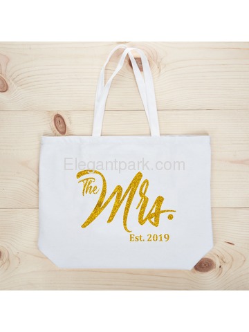 The Mrs EST 2019 Jumbo Wedding Bride Tote Bridal Shower Gift White Shoulder Bag with Gold Glitter